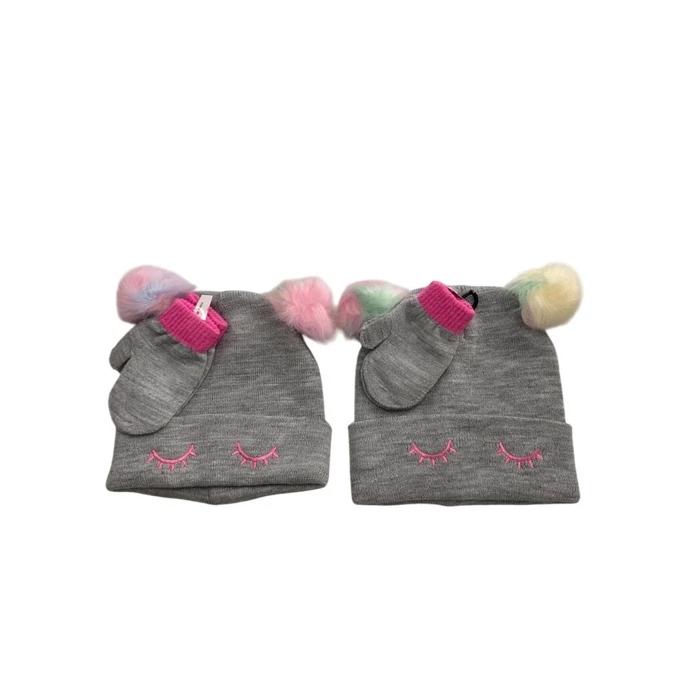 Cute Gray Knit Beanie & Mittens Set With Multicolor Pom Poms Girls Winter‎ Hat